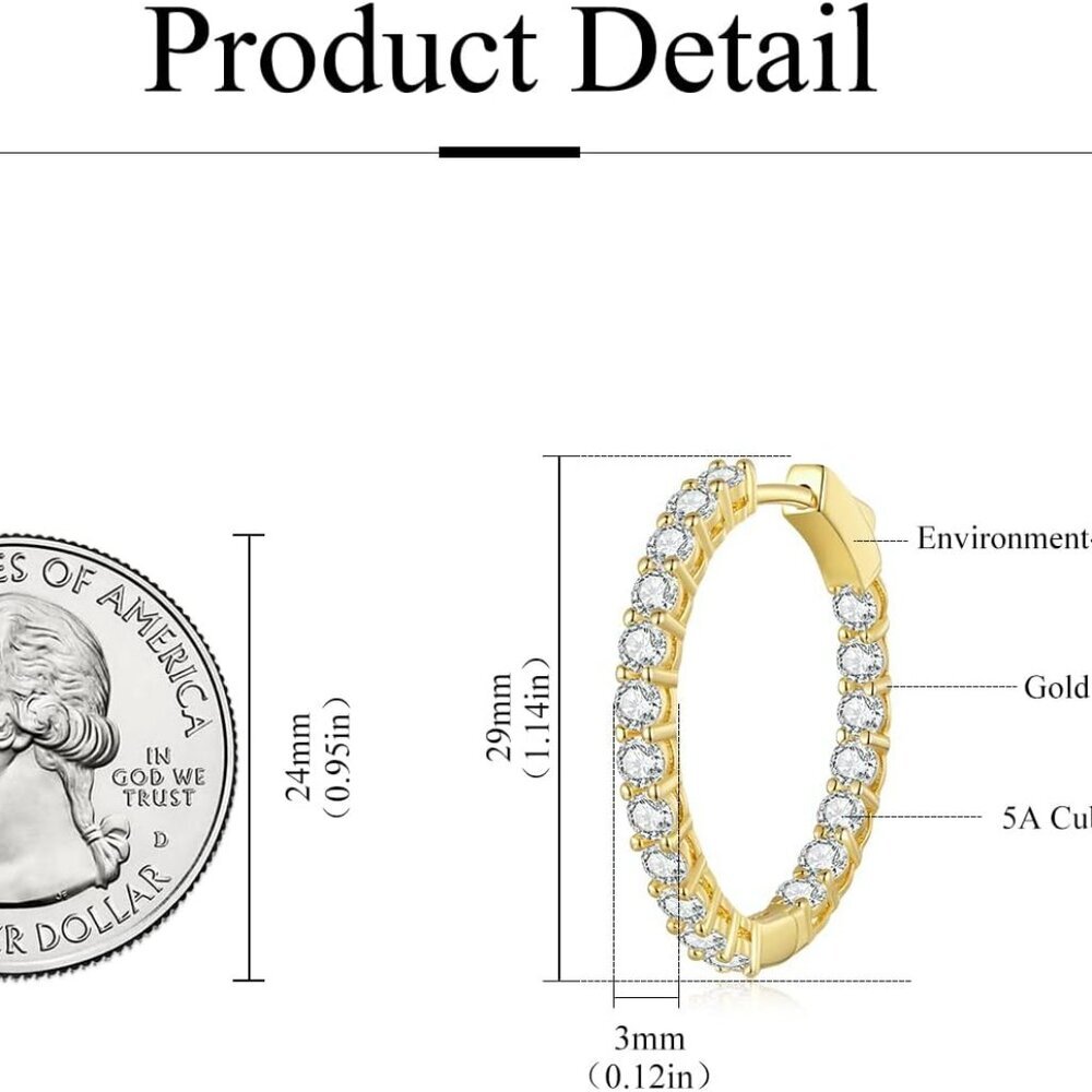 Gold Hoop Earrings for Women 14K Gold Plated Cubic Zirconia Hoop Earrings for Wo - Picture 6 of 7